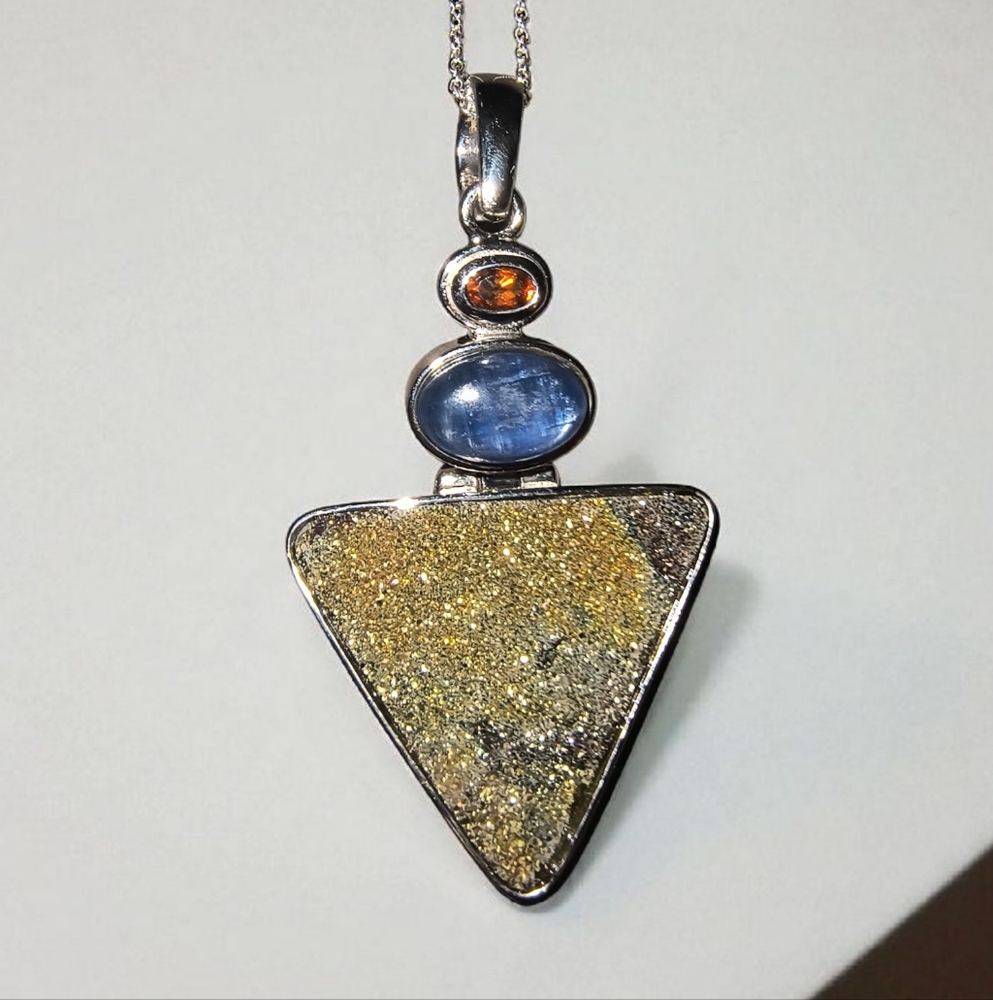 Rainbow Pyrite, Blue Kyanite, Madeira Citrine & Sterling Silver Pendant Necklace
